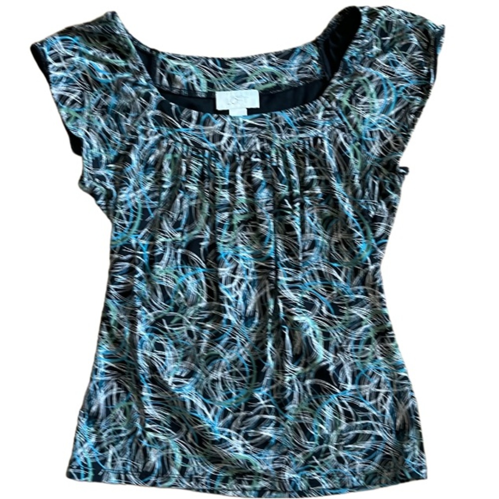 ANN TAYLOR LOFT FLUTTER SLEEVE PULLOVER TOP GATHERED AT BUST-LINE MULTI COLOR XS